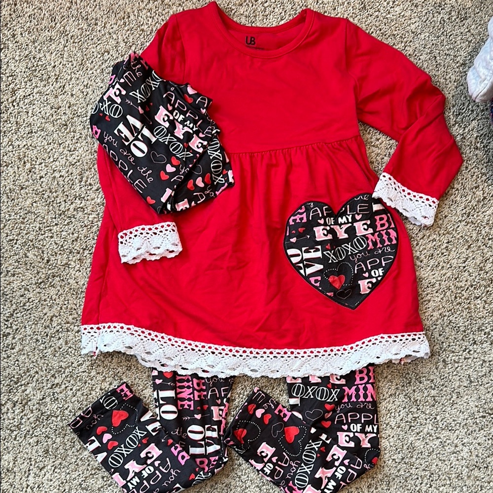 Unique Baby Valentine's Red Long Sleeve Dress with Heart Print Leggings & Scarf